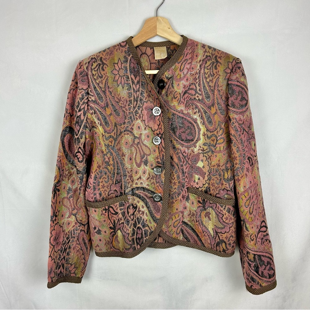 VINTAGE Sally Thurlow Metallic Paisley Tapestry‎ Jacket Sz M Boho Art to Wear